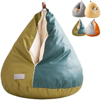 ドーム型ベッド 冬用テント ペット用 ポップコーン生地 ふわふわ 室内用 (ブルー/グリーン)