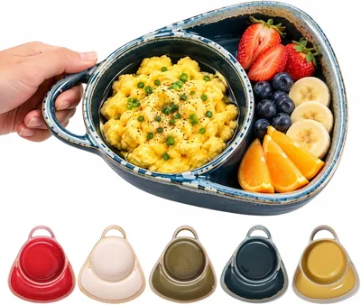 Blue Ceramic Soup & Sandwich Plate Set - 2 Compartment Bowl