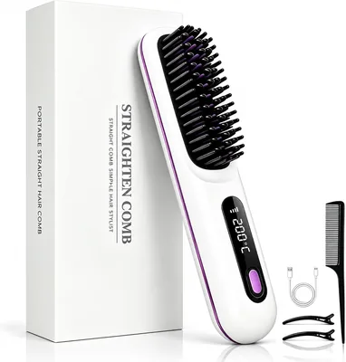 AJL コードレス ヘアブラシ、セラミックコーティング、負イオン、3段階温度調整、302.2-452°F (320-238℃)