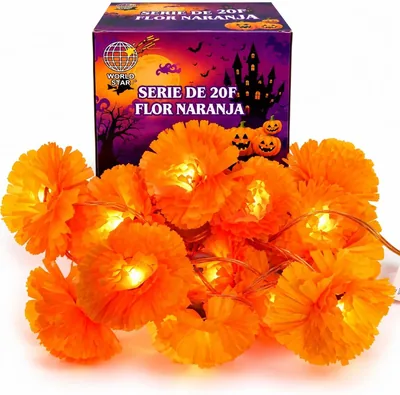 Serie de 20 Flores Cempasúchil con Luz LED Naranja para Altar 3m Enchufe