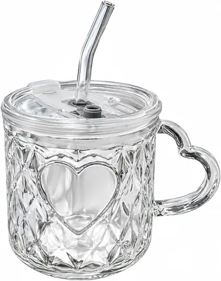 Minhaj Homeware Glass Love Mug with Lid and Straw