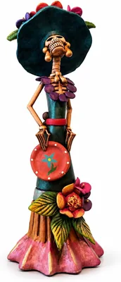 Catrina Mexicana Artesanal de Barro con Sombrero Floral y Tambor