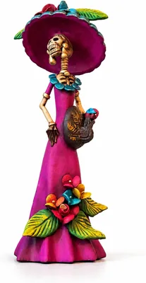 Catrina Mexicana Artesanal de Barro con Sombrero Floral y Tambor