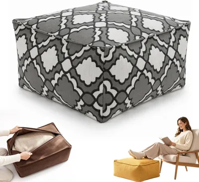 Boho Storage Ottoman - Grey White Footstool Cover