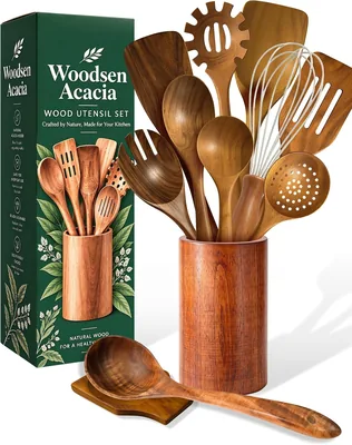 Acacia Wood Cooking Utensil Set - 10 Piece with Holder