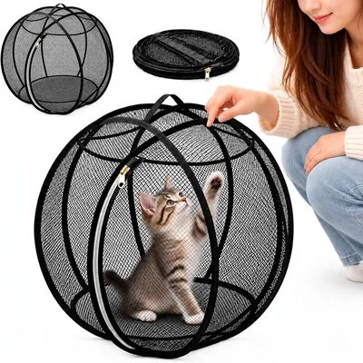 キャットプレイサークル：ロール式猫用ケージ・トイ。折りたたみ式で可視性の高い遊具