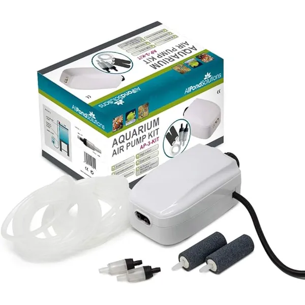 AllPondSolutions Aquarium Air Pump For Coldwater or Tropical Fish Tanks 90 to 700 Litres - 1-4 Outlets - Ultra Quiet Oxygen Pump - Includes Airline Non-Return Valves and Air Stones - Complete Kit