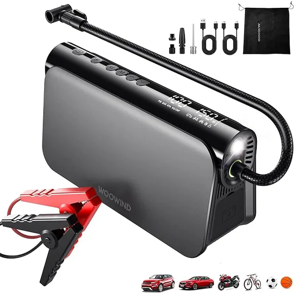 Woowind BoraPlus Jump Starter Power Pack with Air Compressor &amp; Tyre Inflator, 1000A 150 PSI/10.3 BAR 12V Car Battery Jumper (6.0L Petro/3.0L Diesel) with 65W Power Bank and LED Light, Digital Display