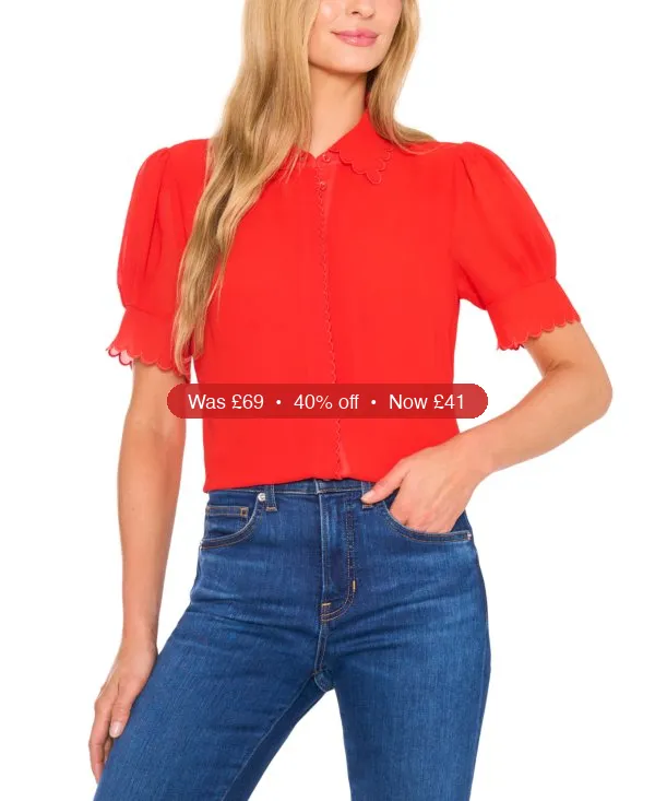 CeCe Women's Scalloped Puff-Sleeve Button-Front Top - 40% Off