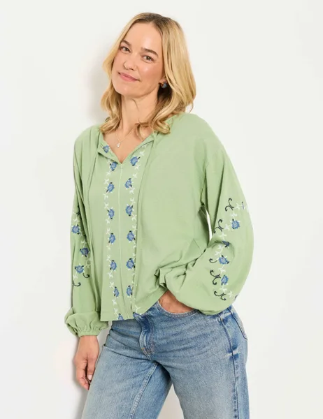 Fat Face Pure Cotton Embroidered Tie Neck Blouse - 39% Off