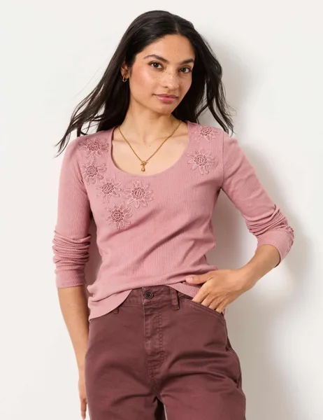 Fat Face Pure Cotton Ribbed Appliqué Top - 40% Off