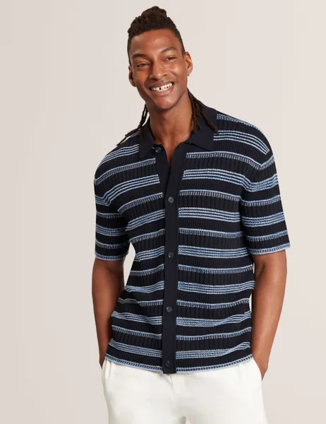 Ted Baker Pure Cotton Striped Short Sleeve Knitted Shirt - 44% Off