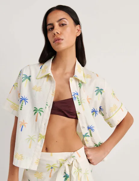 Jag Linen Rich Palm Print Collared Shirt - 50% Off
