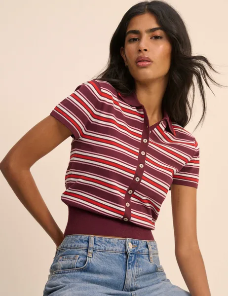Nobody's Child Striped Polo Neck Waisted Knitted Top - 58% Off