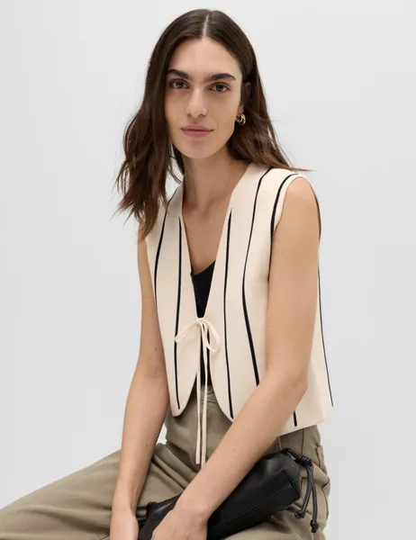 Tie Front Striped Cropped Knitted Waistcoat - 70% Off