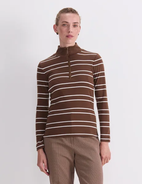 Sportscraft Pure Cotton Striped Funnel Neck Half Zip Top - 3% Off
