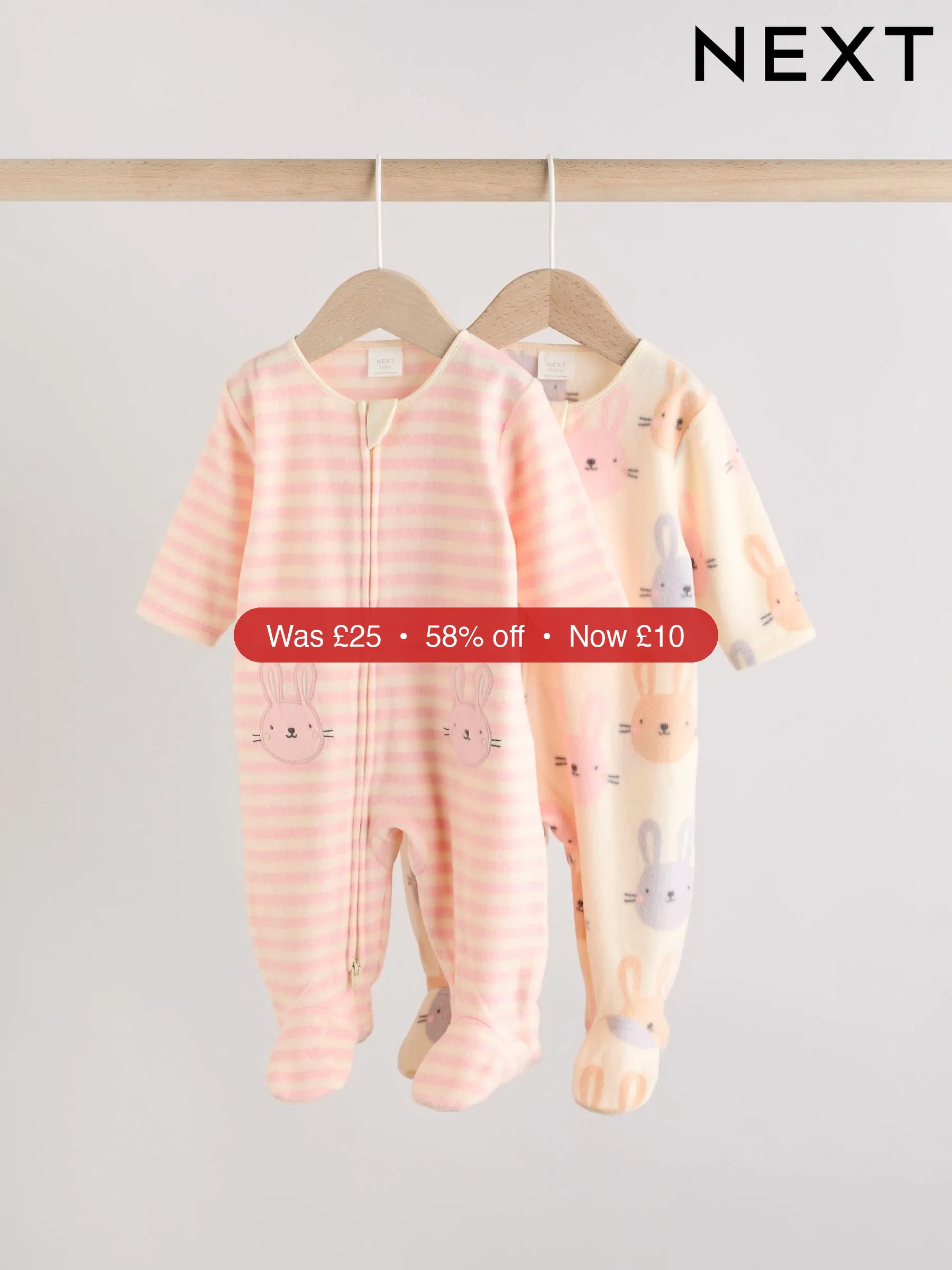 Next Pink 2 Pack Micro Fleece Two Way Zip Baby Sleepsuits - 58% Off