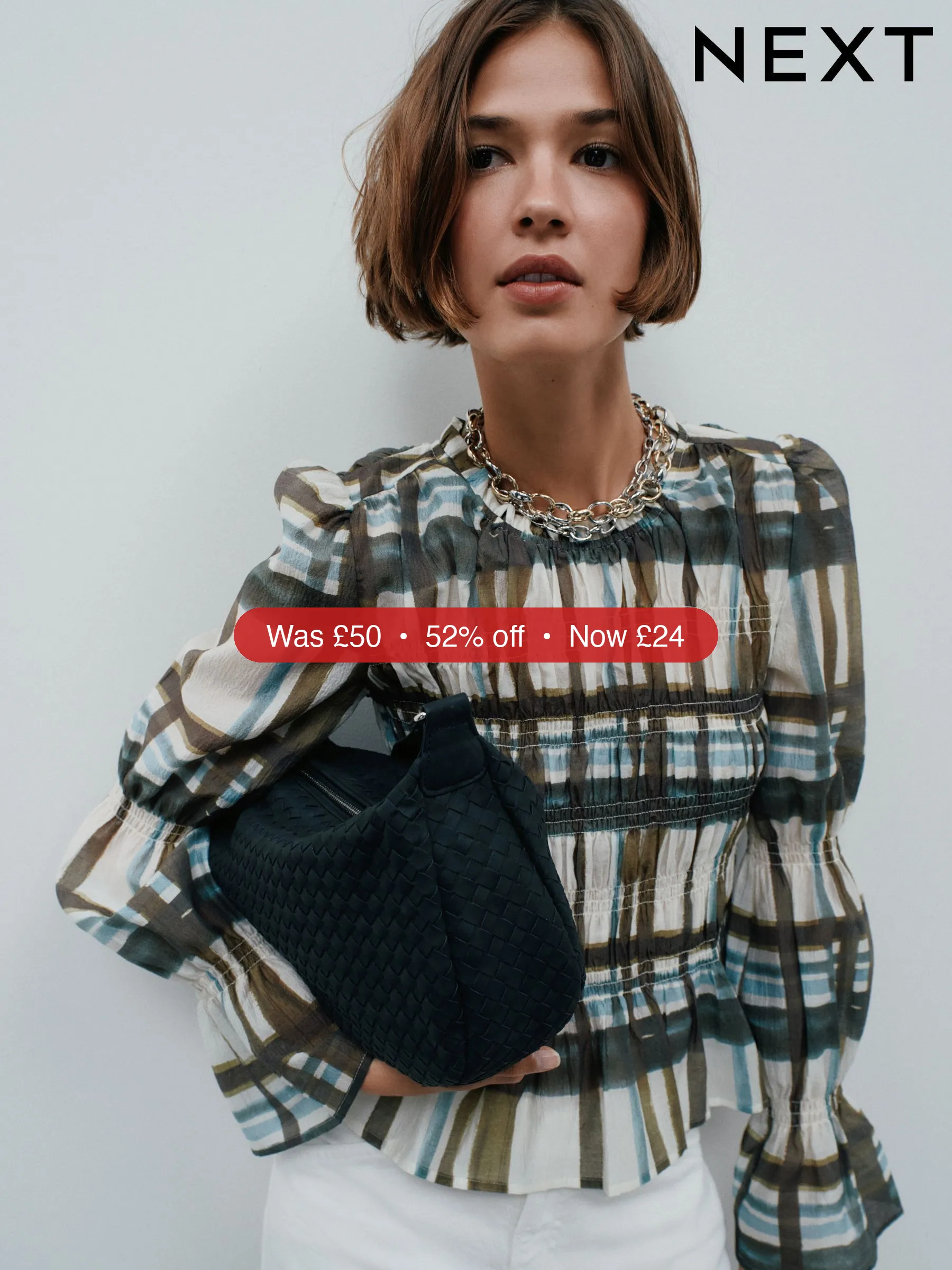 Next Khaki/Cream Check Sheer Smocked Long Sleeve Top - 52% Off