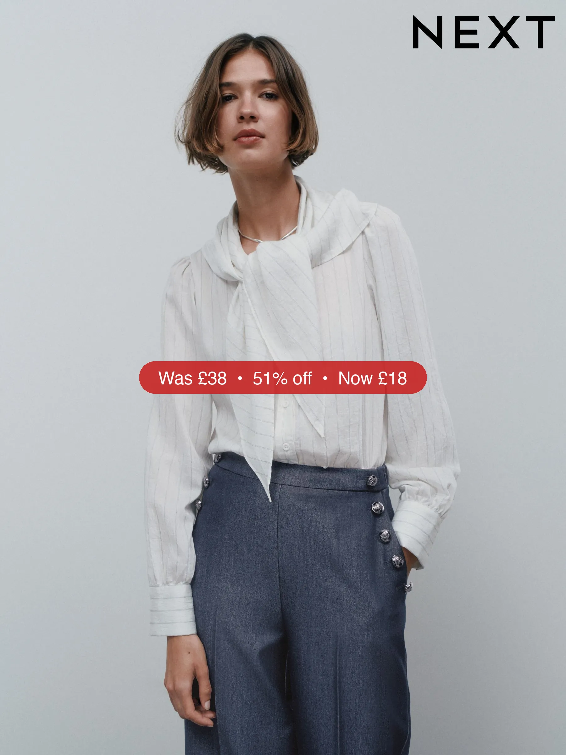 Next Ecru Pinstripe Long Sleeve Blouse with Neck Scarf Detail - 51% Off