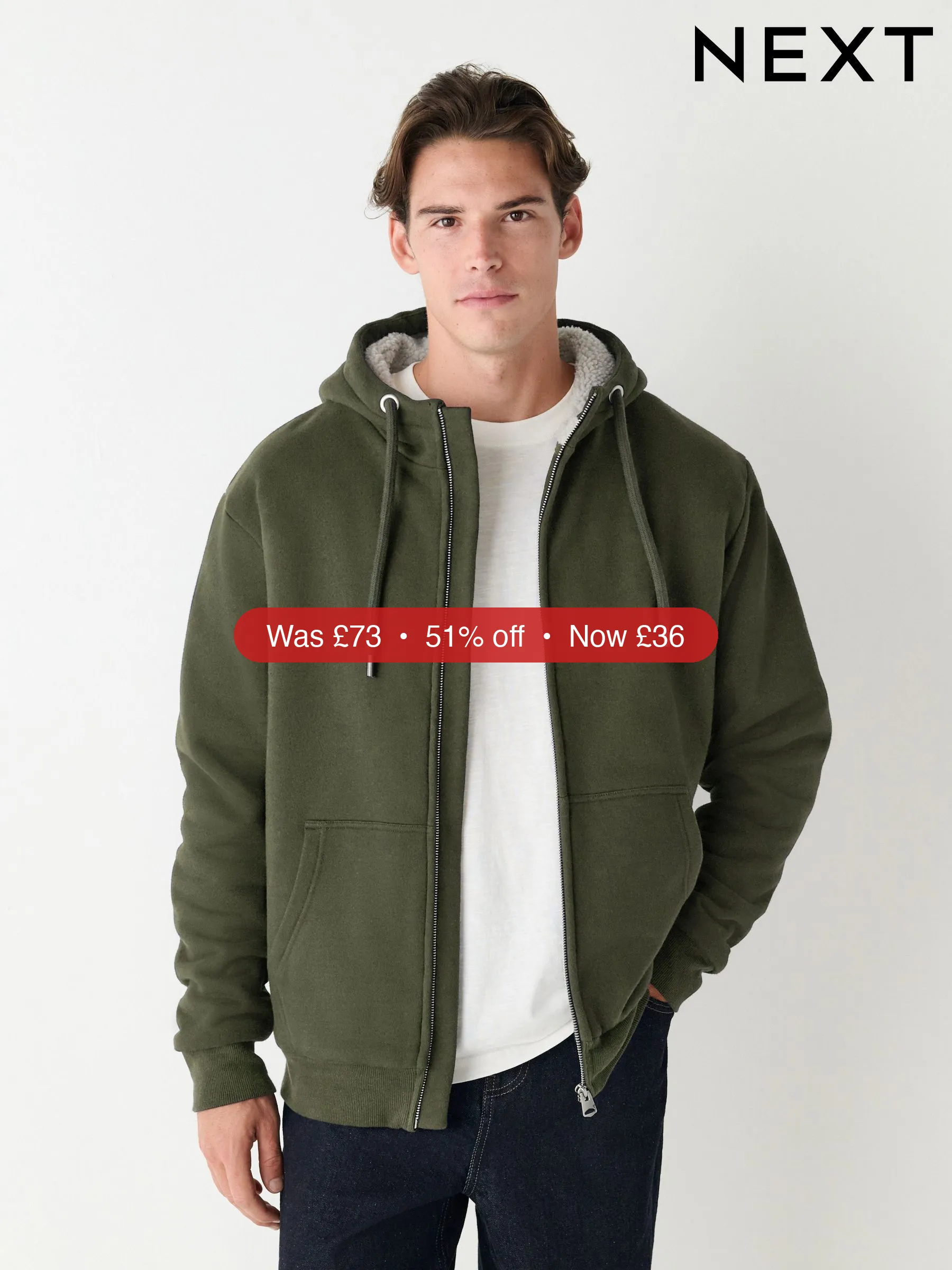 Next Khaki Green Borg Fleece Lined Full Zip Hoodie - 51% Off