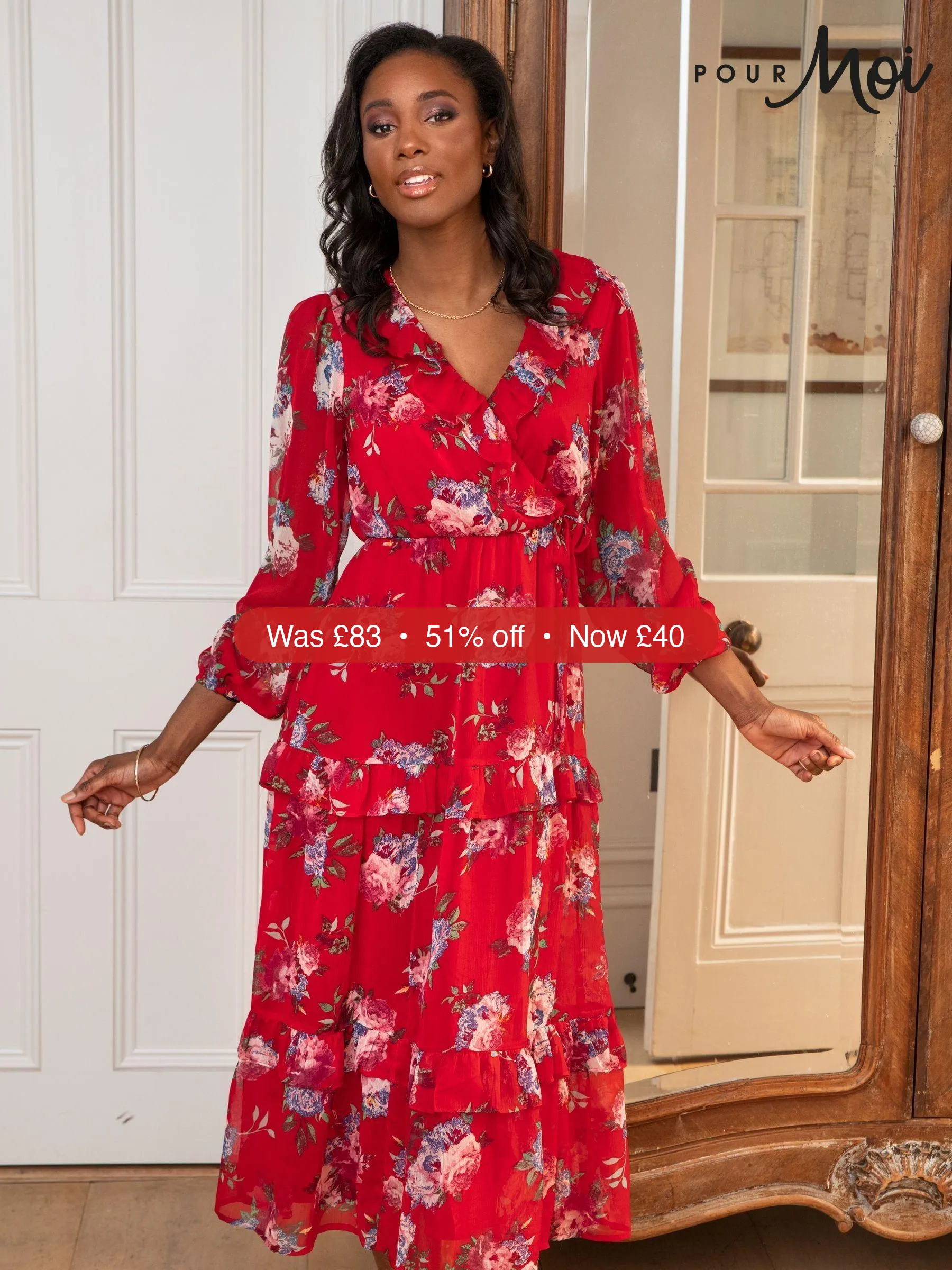 Next Pour Moi Red Floral Print Chiffon Frill Midaxi Dress - 51% Off