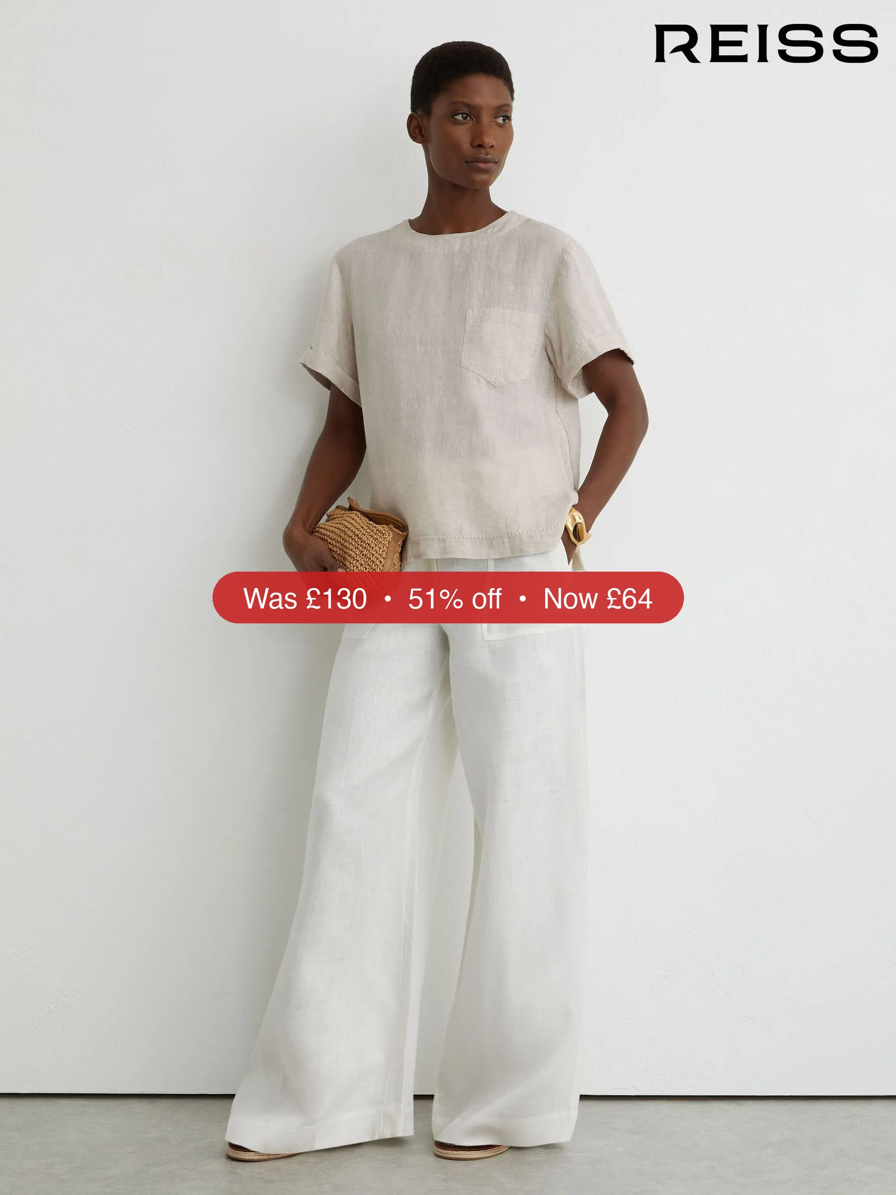 Next Reiss Beige Neutral Tamara Linen Patch-Pocket T-Shirt - 51% Off
