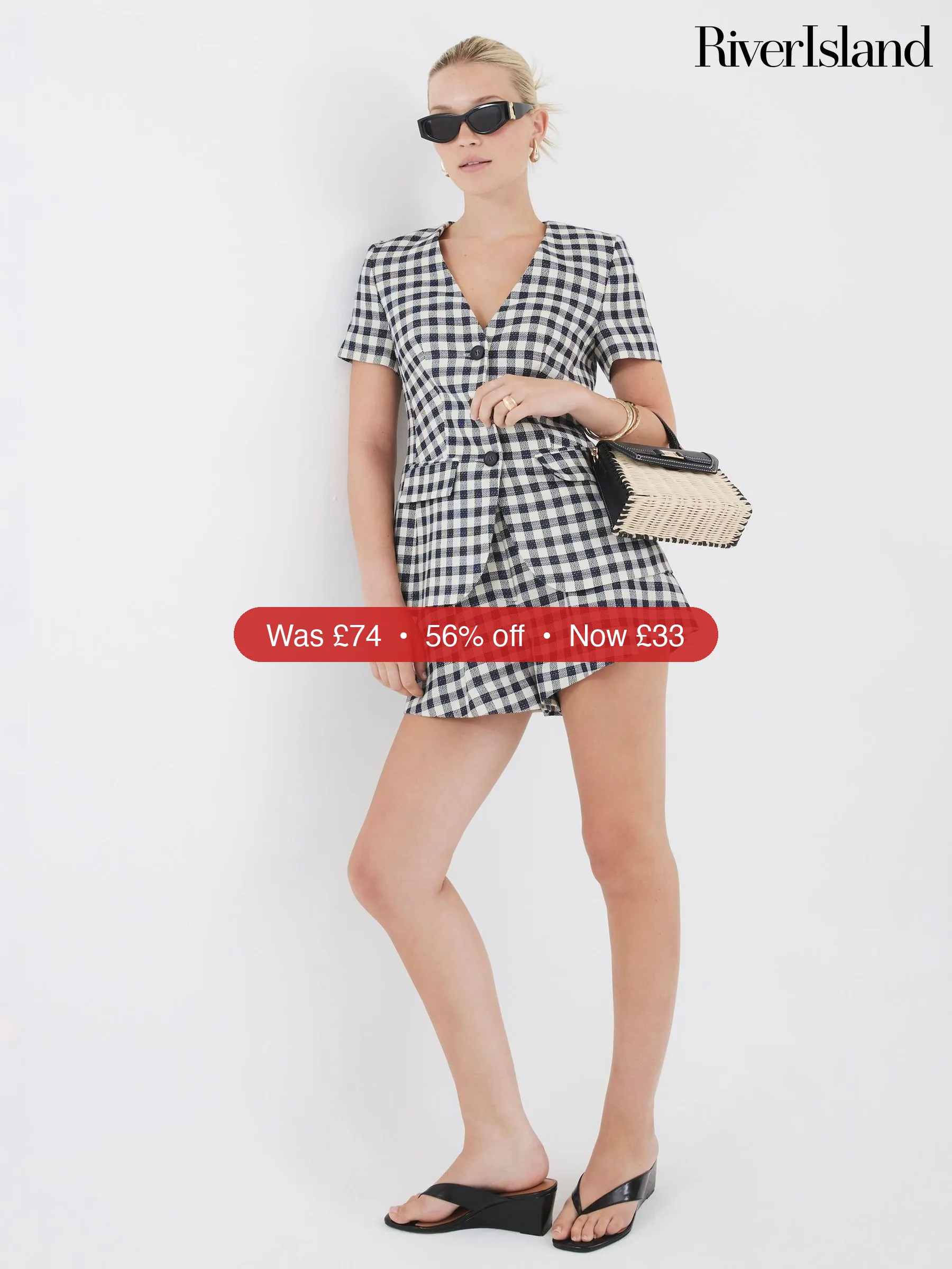 Next River Island Black Gingham Cropped Sleeve Jacket - 56% Off