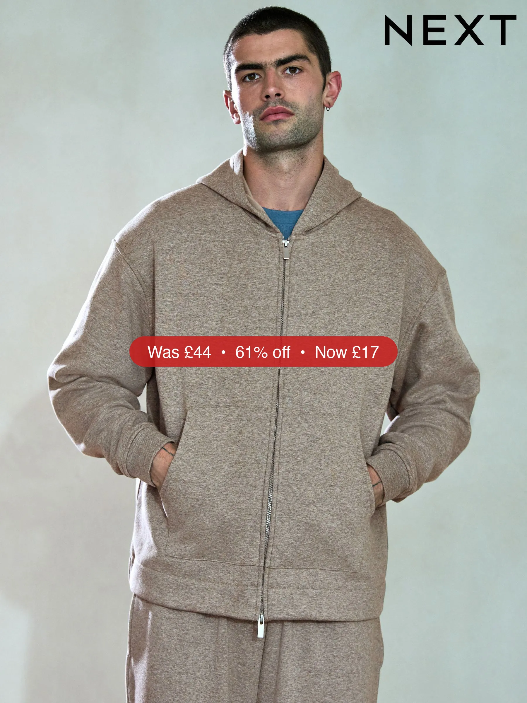 Next Stone Neutral Velour Lined Zip Through Hoodie - 61% Off
