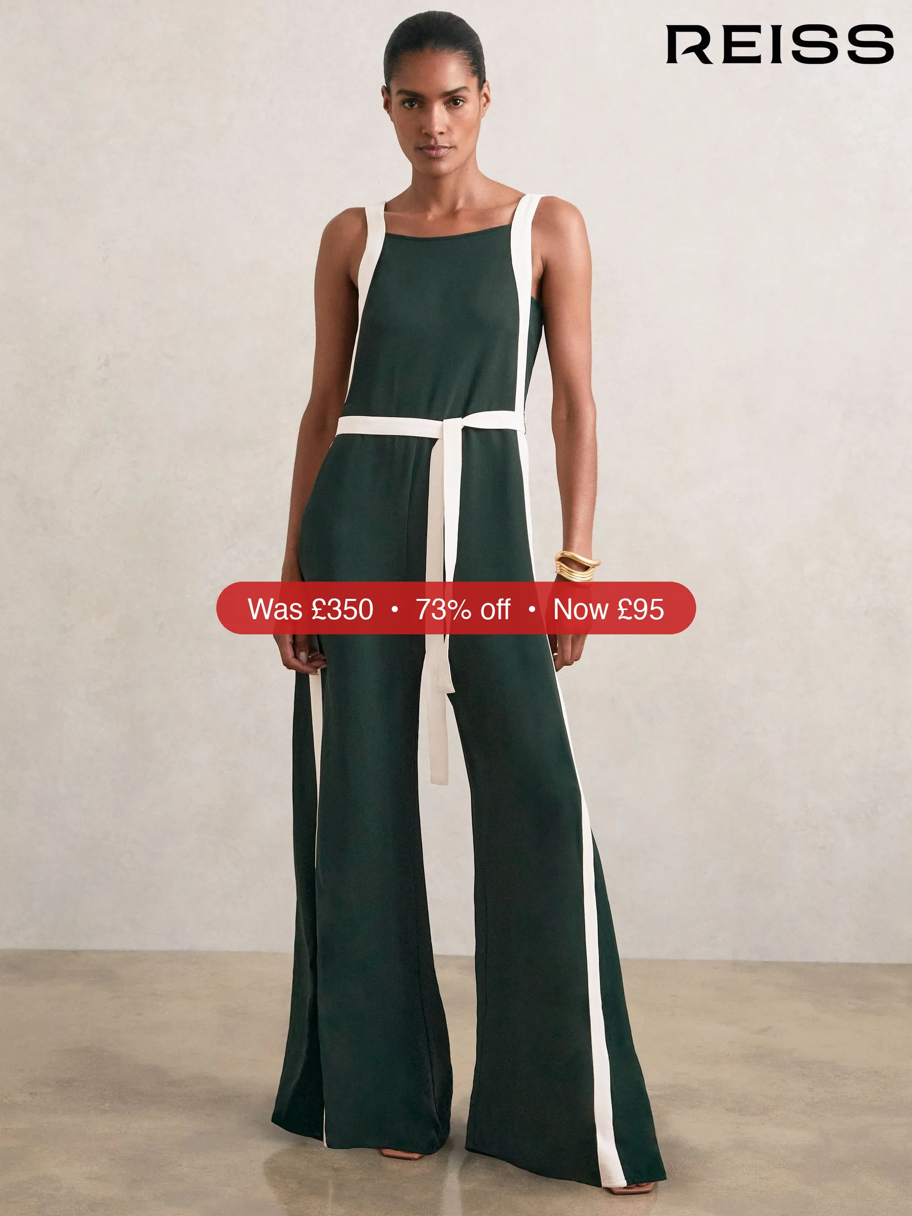 Next Reiss Dark Green/Cream Salma Colourblock Wide Leg Belted Jumpsuit - 73% Off