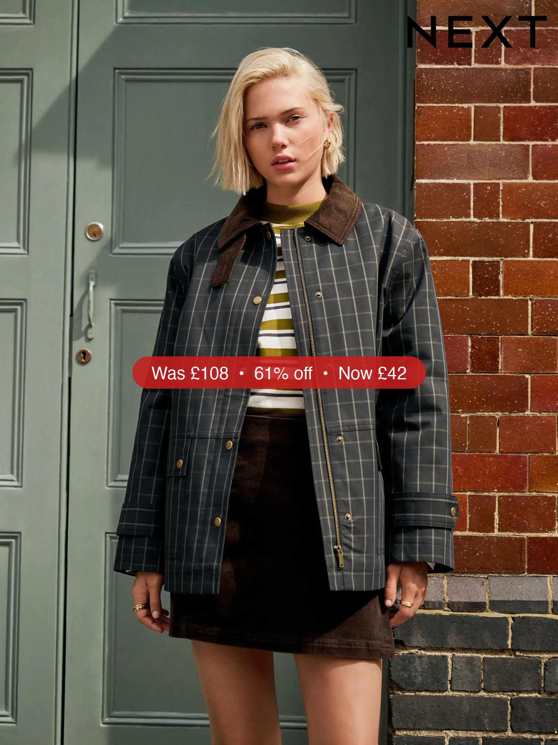 Next Navy Check Cord Collar Heritage Coat - 61% Off