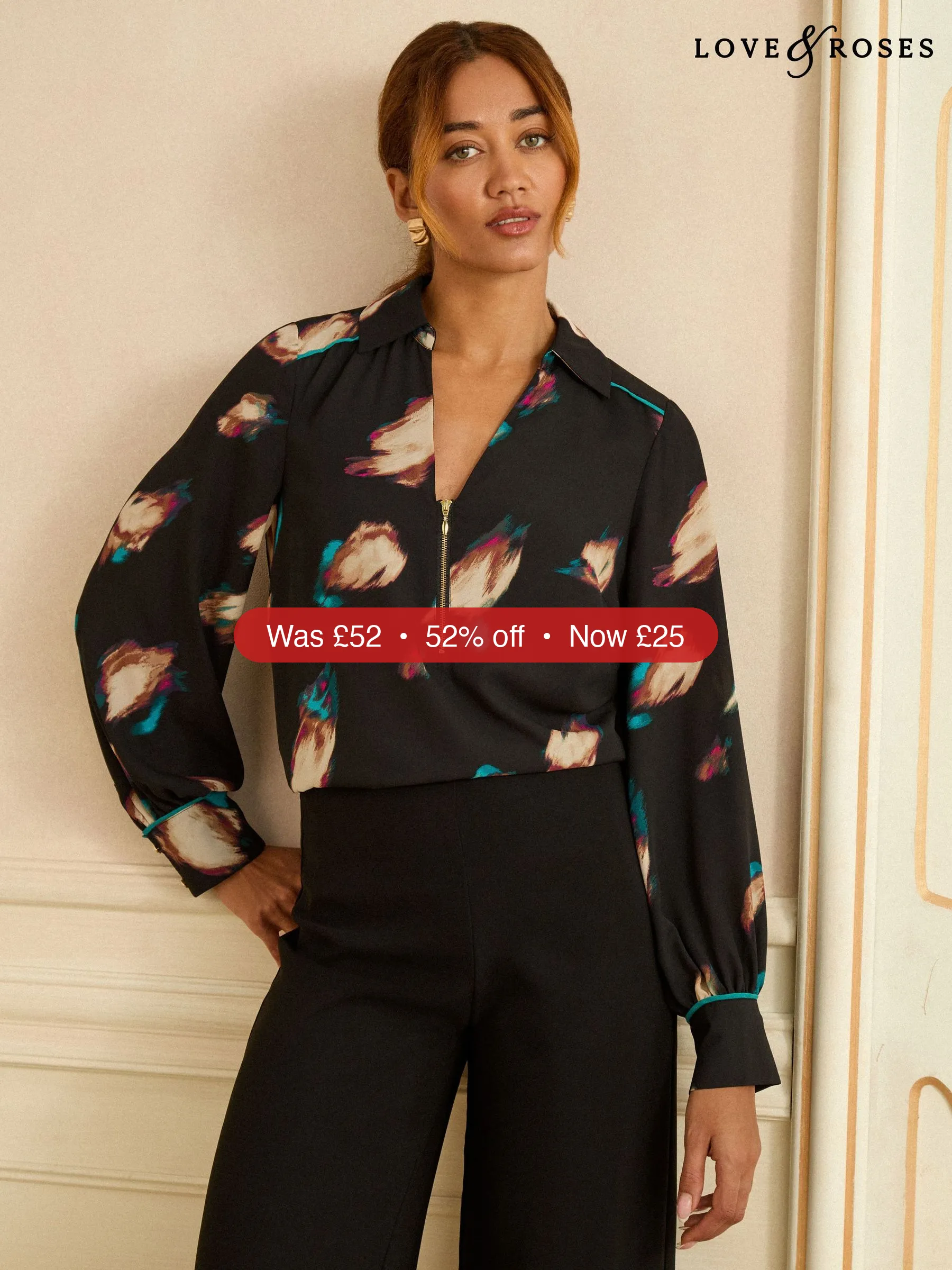 Next Love & Roses Black Animal Long Sleeve Zip Front Blouse - 52% Off