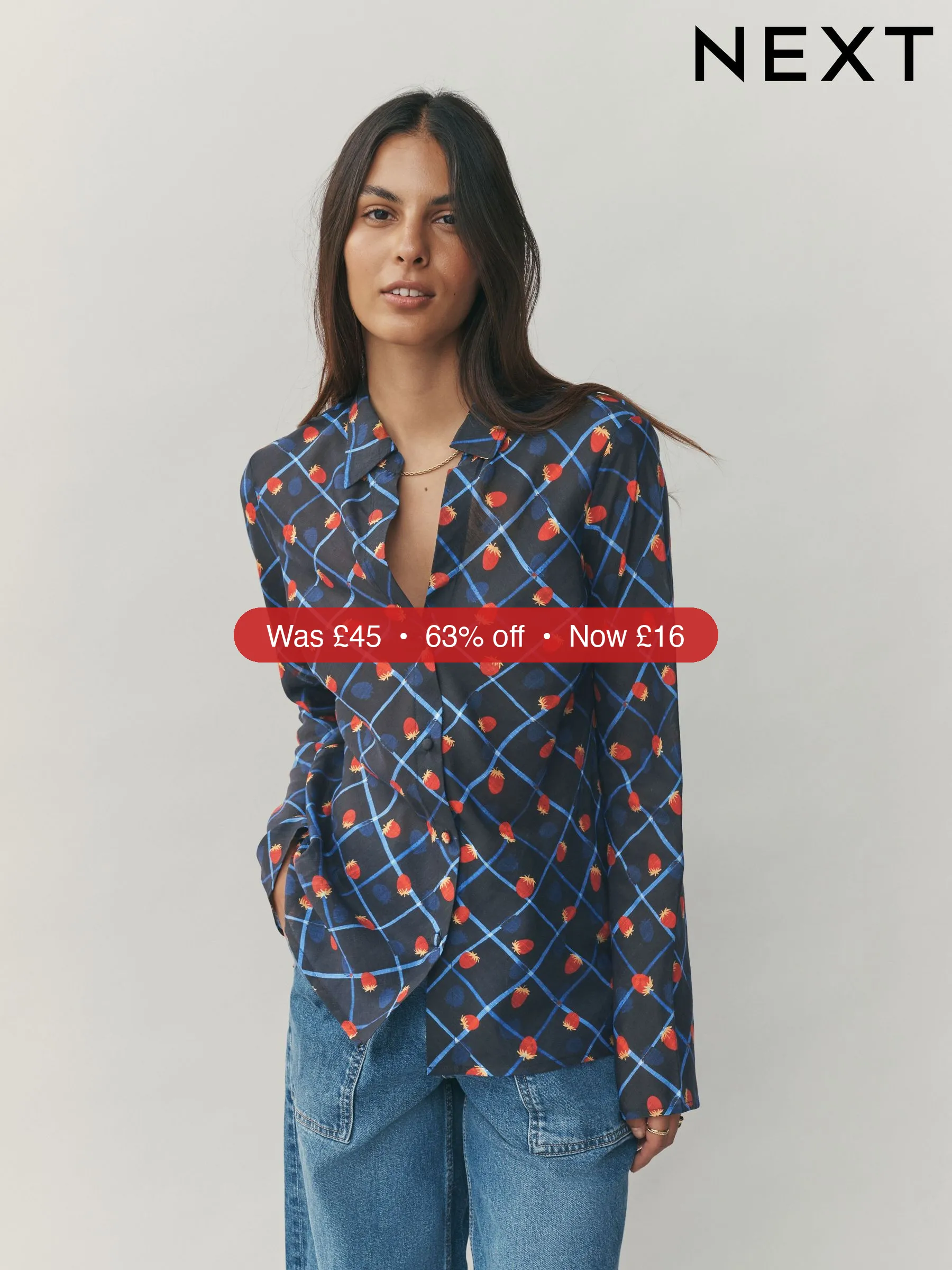 Next Checked Strawberry Print Lyocell Blend Collared V-Neck Shirt - 63% Off