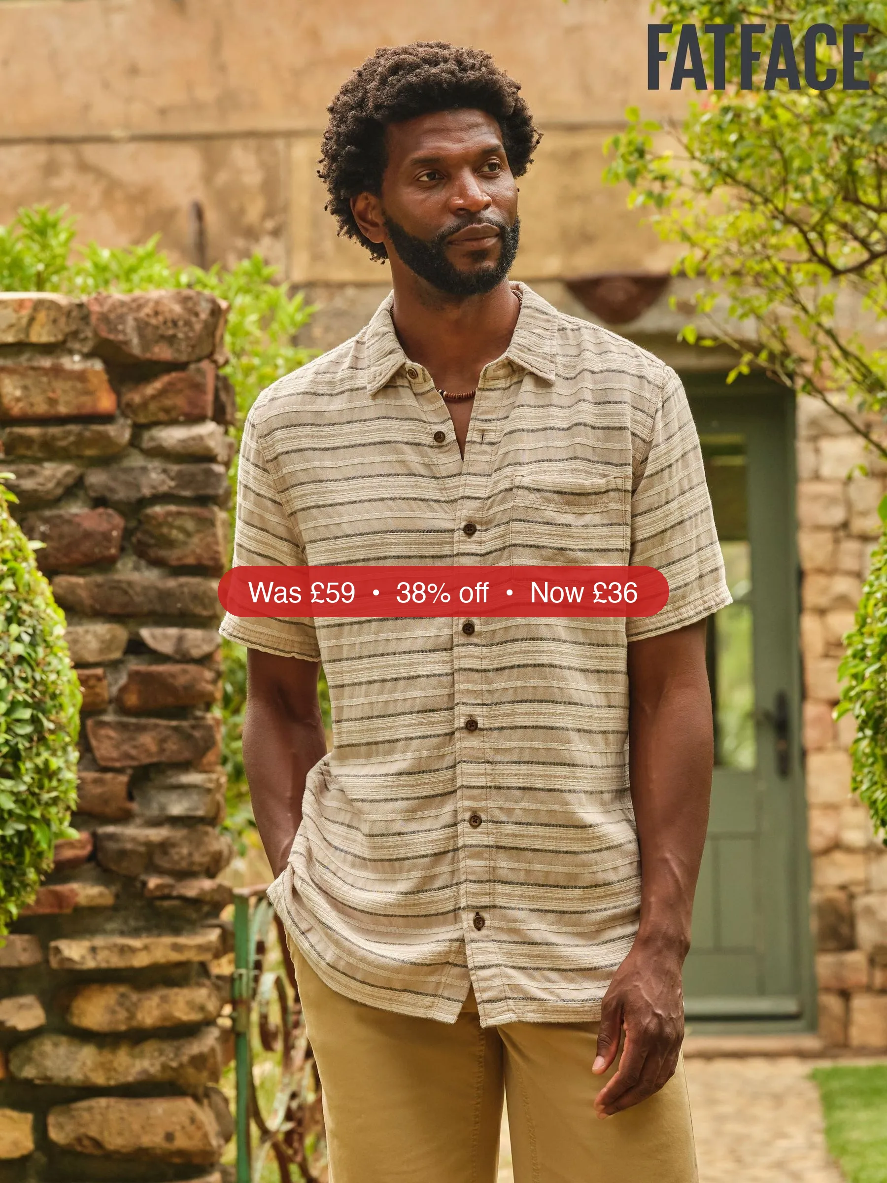 Next FatFace Natural Short Sleeve Textured Stripe Shirt - 38% Off