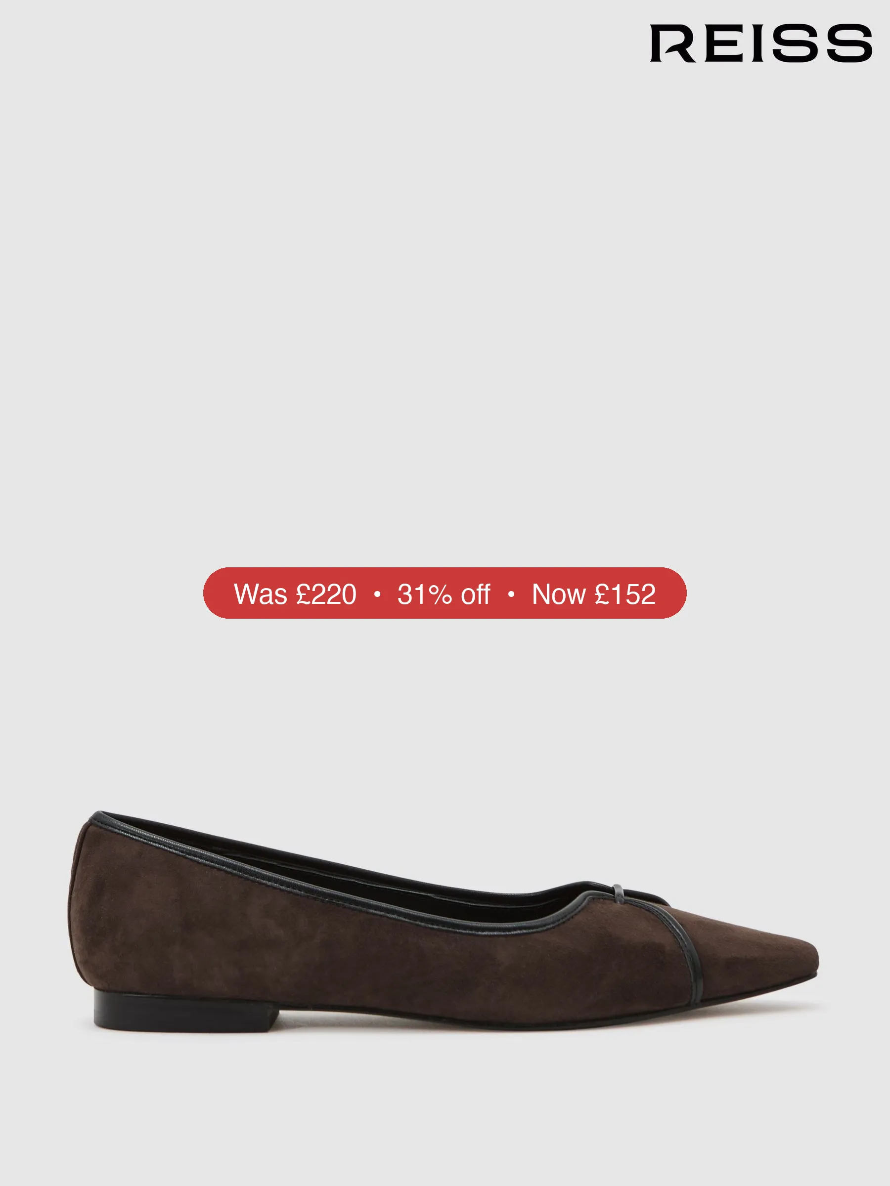 Next Reiss Chocolate Evelyn Suede Pointed-Toe Ballerina Shoes - 31% Off