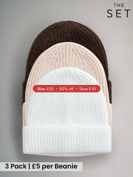 Next The Set 3 Pack Beanies Oat/Chocolate Brown/Cream - 50% Off