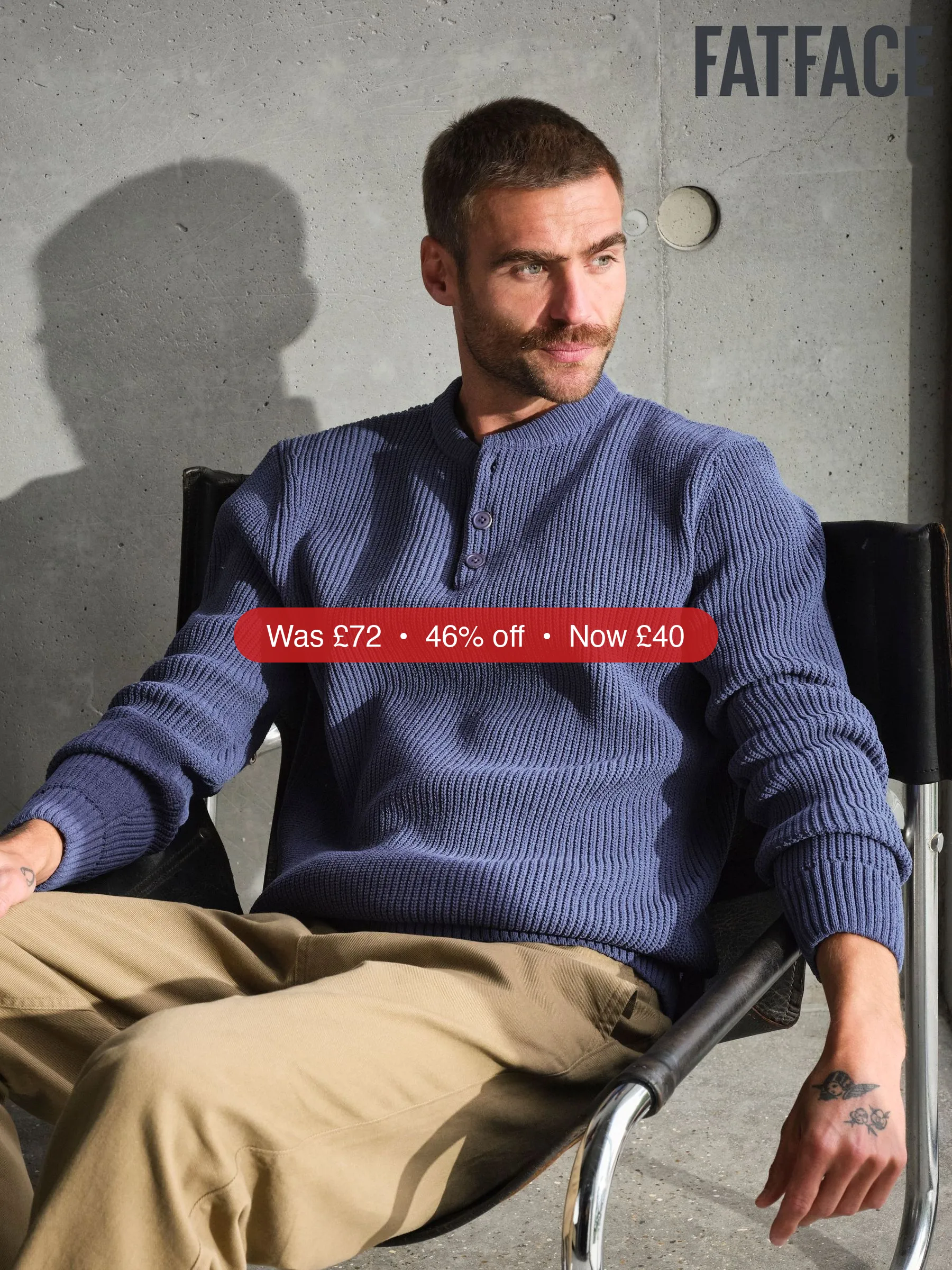Next FatFace Kelbrook Blue Denim Knitted Henley Jumper - 46% Off