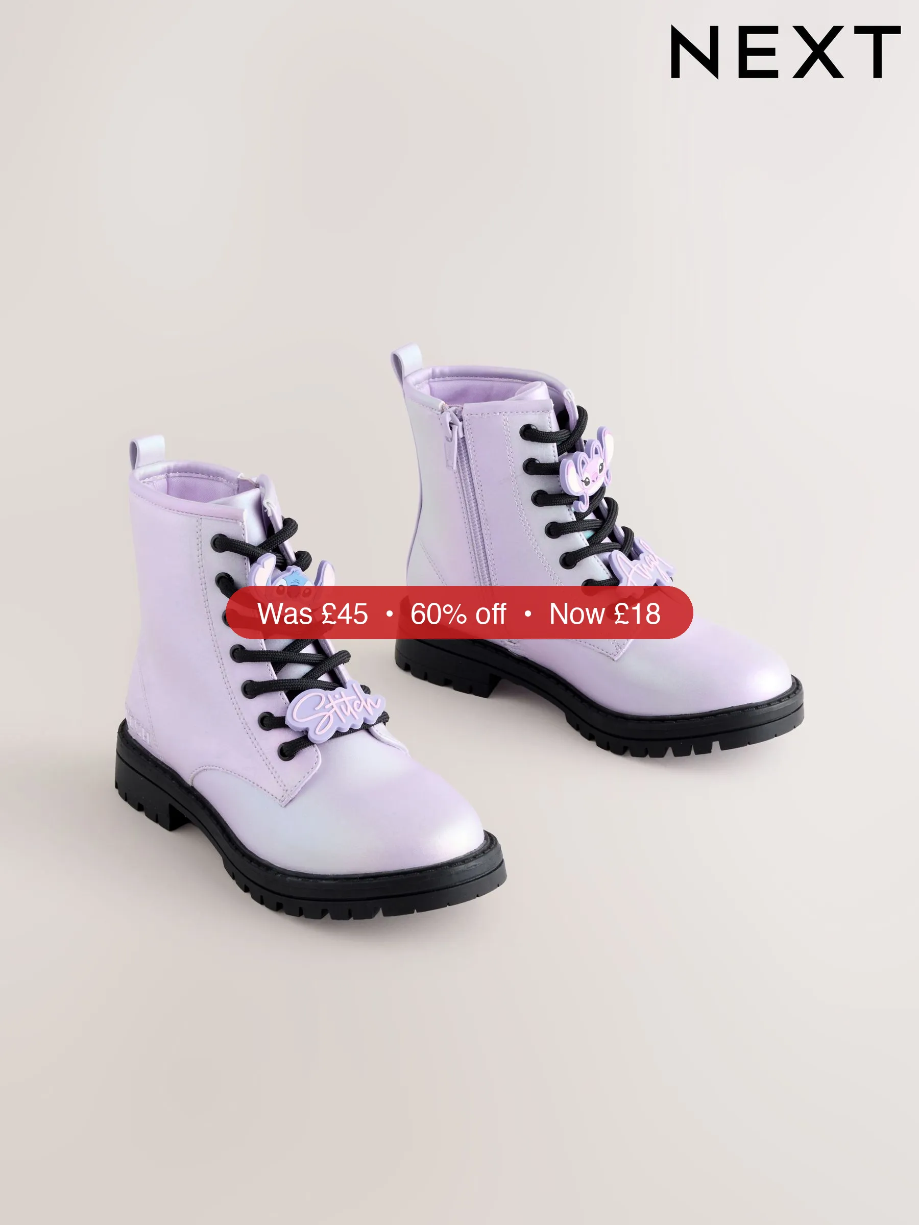 Next Purple Metallic Lilo & Stitch Warm Lined Lace up Ankle Boots - 60% Off