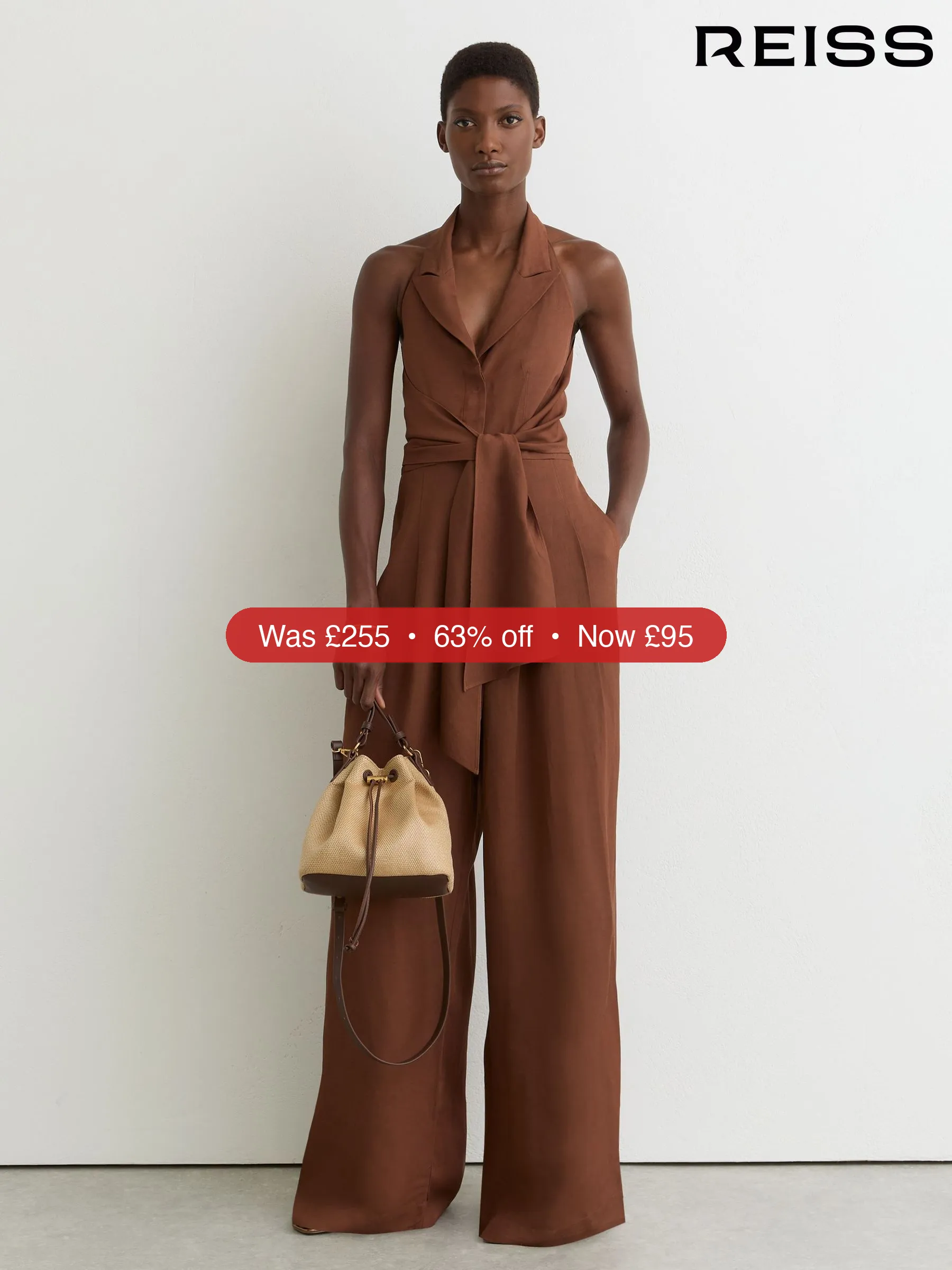 Next Reiss Rust Orange Taya Tie-Front Wide-Leg Jumpsuit with Linen - 63% Off