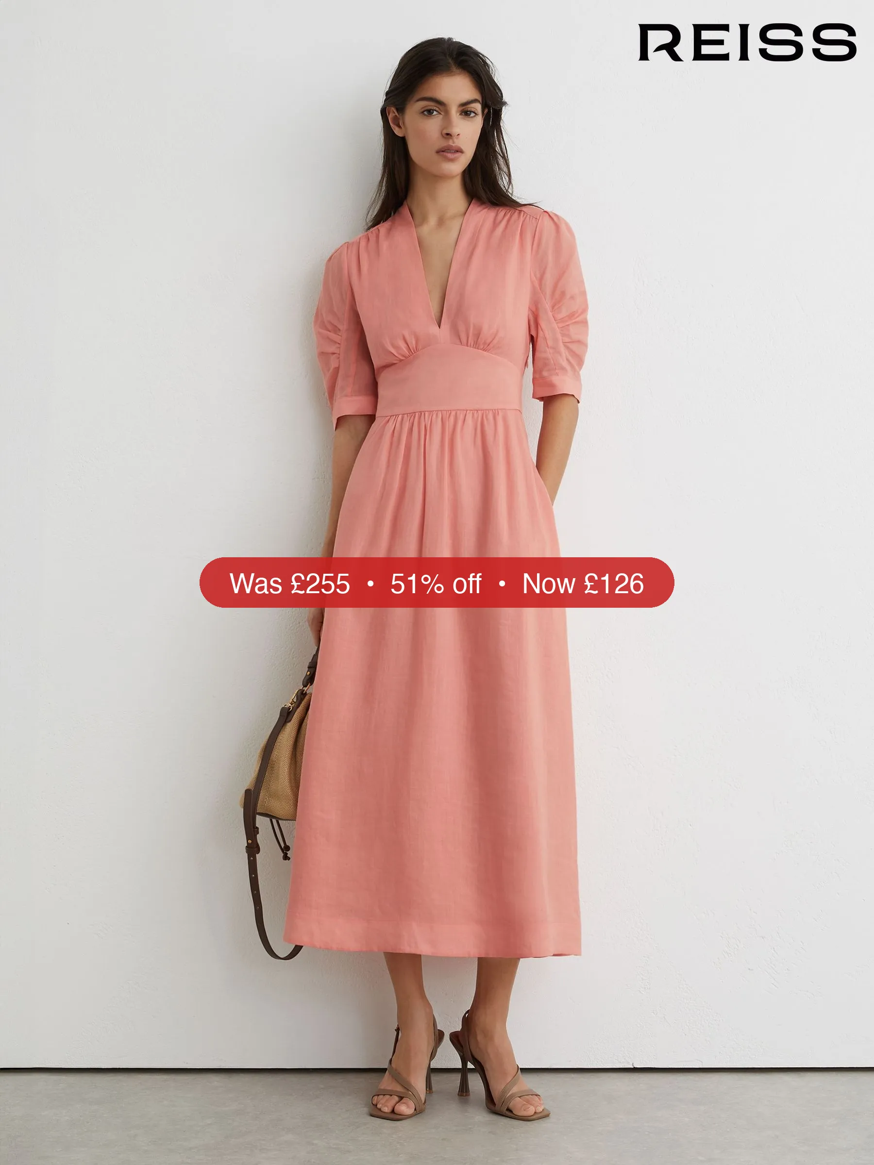 Next Reiss Pink Poppy Short-Sleeve Waisted Midi Dress - 51% Off