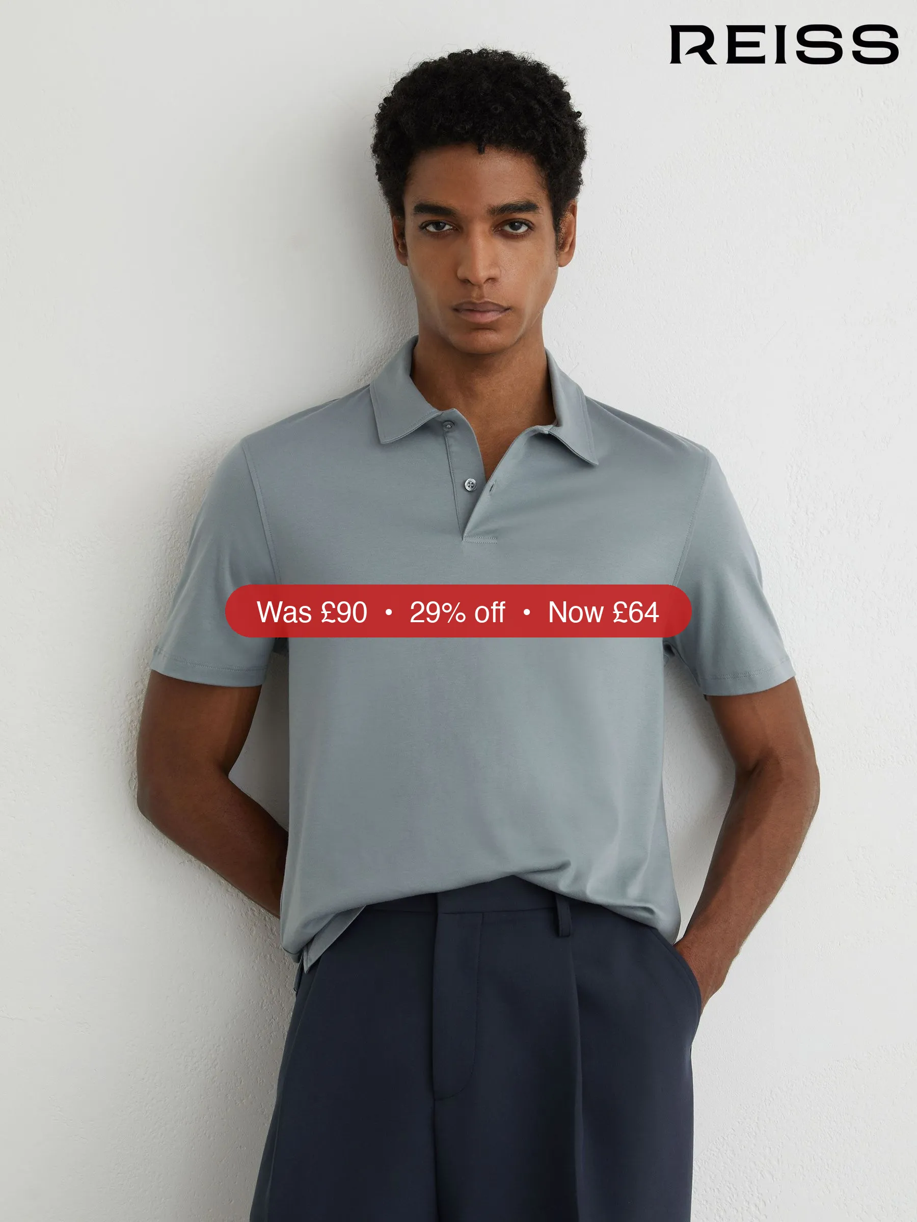 Next Reiss Steel Blue Earl Air-Water Cotton Polo Shirt - 29% Off