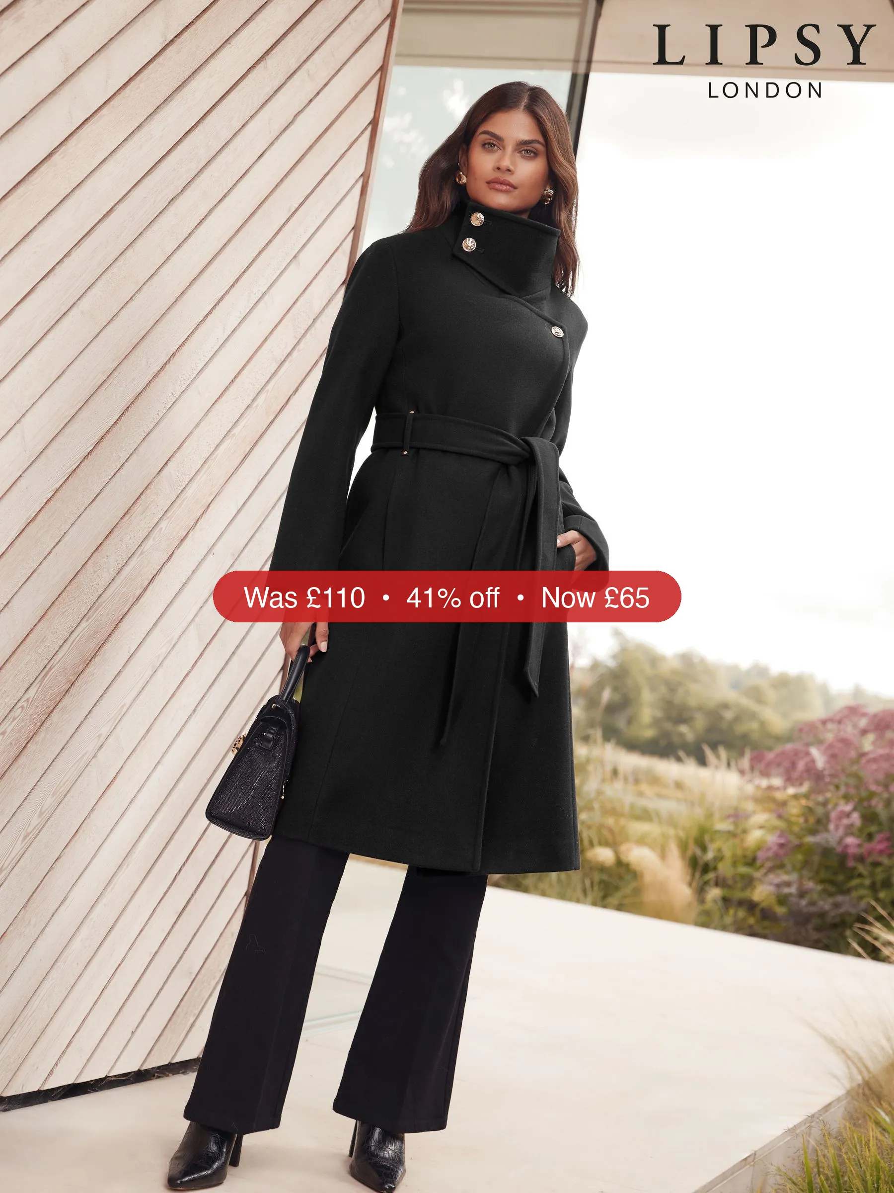 Next Lipsy Black Asymmetrical Funnel Neck Belted Coat - 41% Off