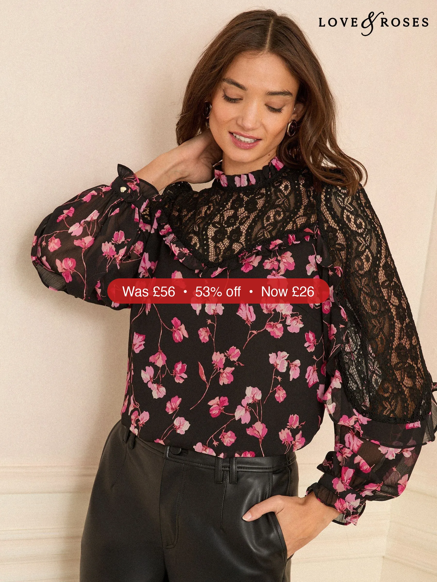 Next Love & Roses Black Floral Print Crew Neck Lace Yoke Long Sleeve Blouse - 53% Off