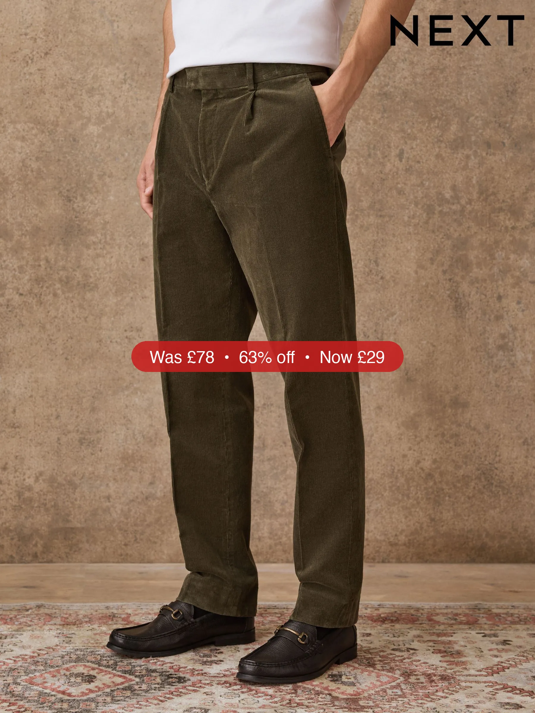 Next Khaki Green Straight Fit Smart Cotton Rich Cord Trousers - 63% Off