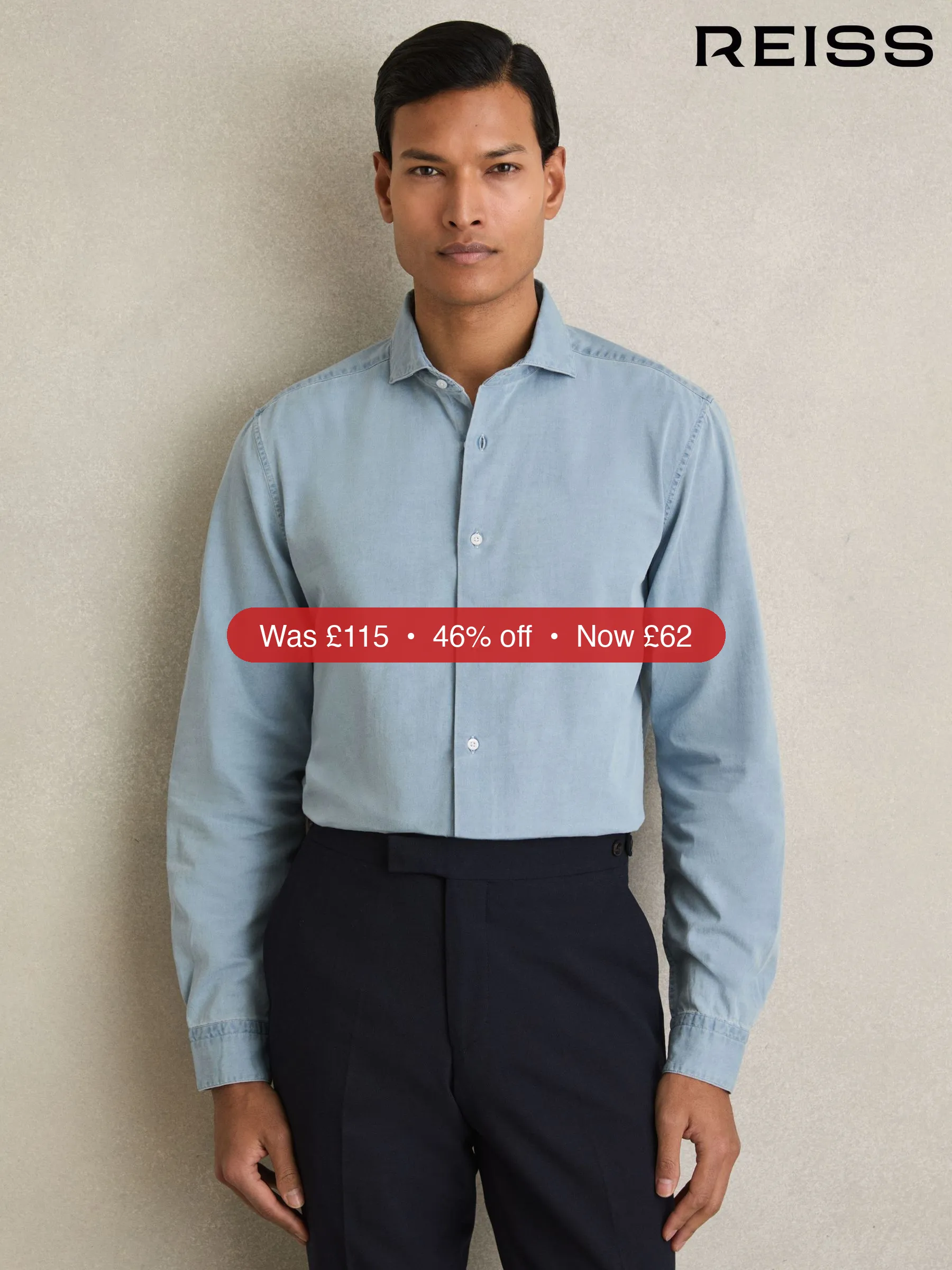Next Reiss Blue Draper Washed Cotton Chambray Shirt - 46% Off