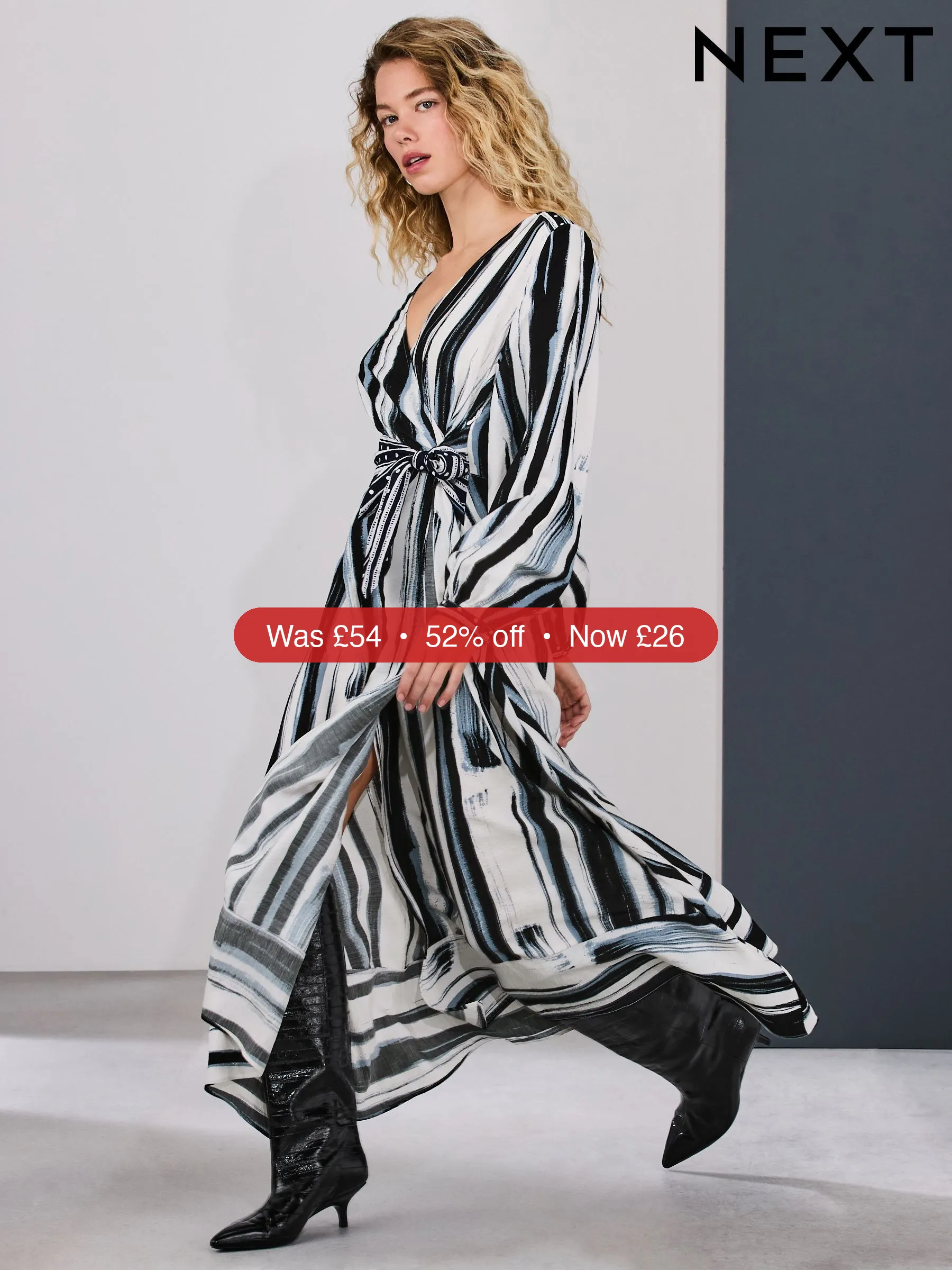 Next Navy Blue/Ecru Stripe V-Neck Tie Waist Long Sleeve Midi Dress - 52% Off