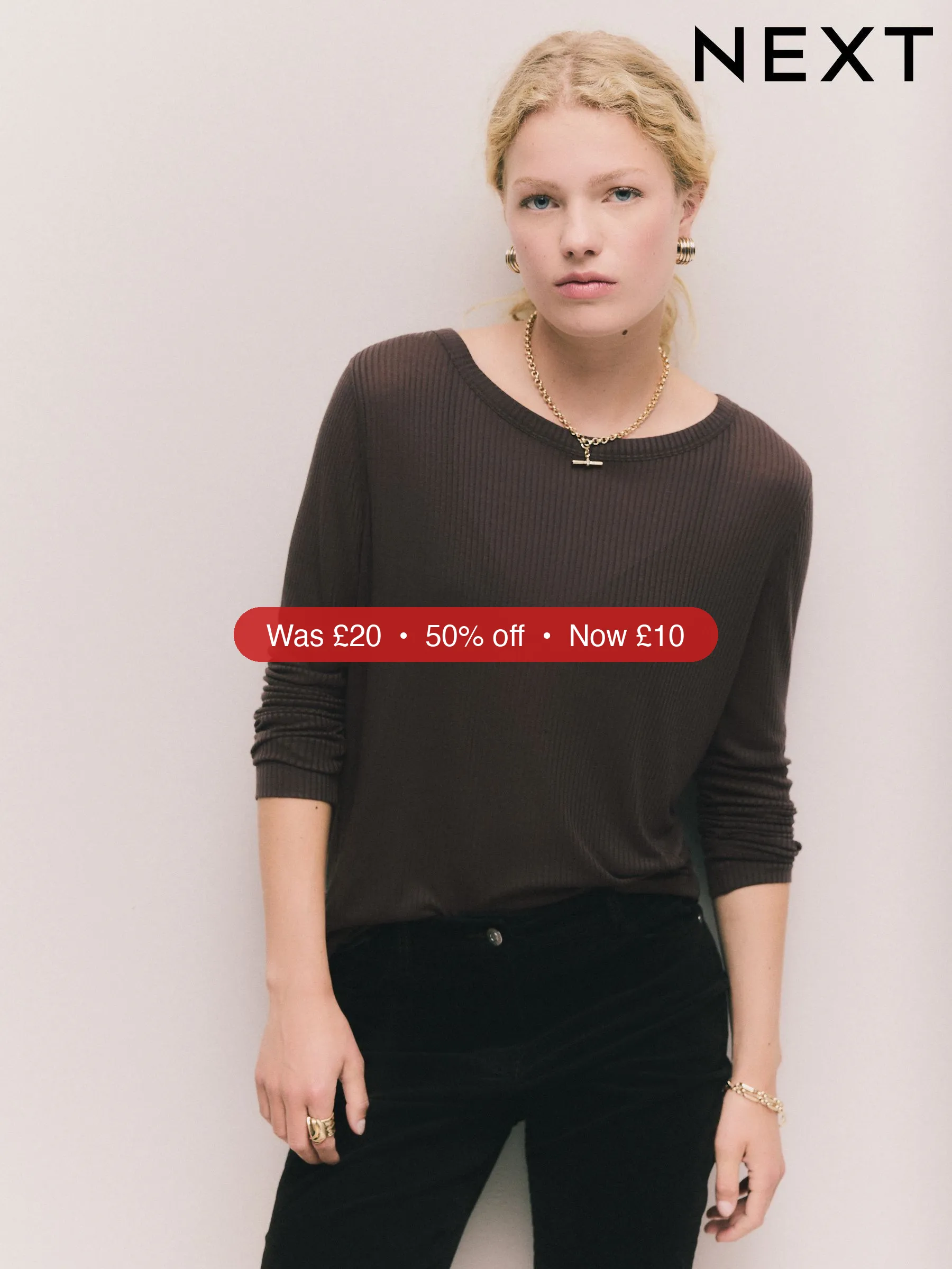 Next Chocolate Sheer Crew Neck Long Sleeve Top - 50% Off