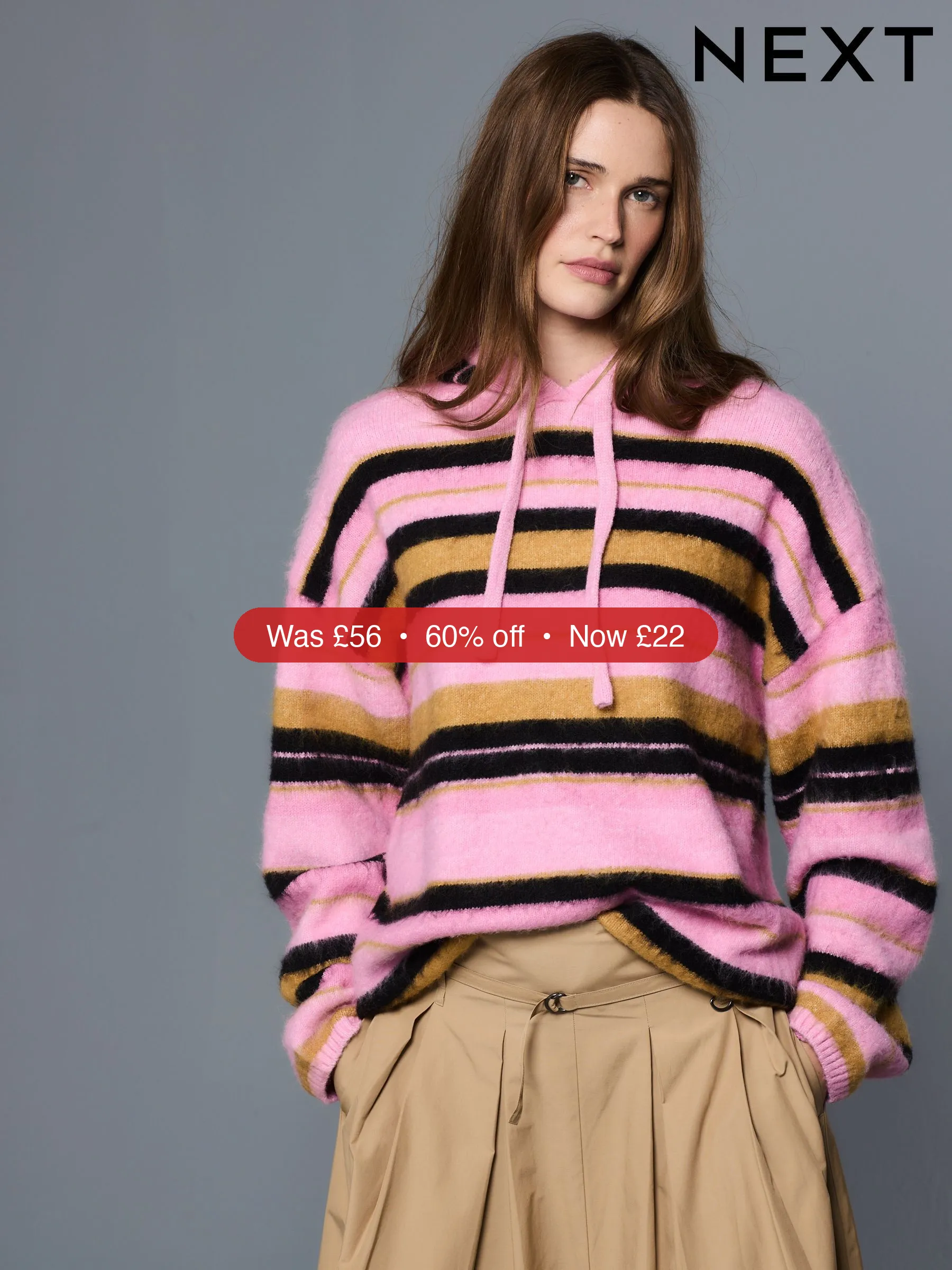 Next Pink Multi Stripe Brushed Knit Hooded Jumper - 60% Off