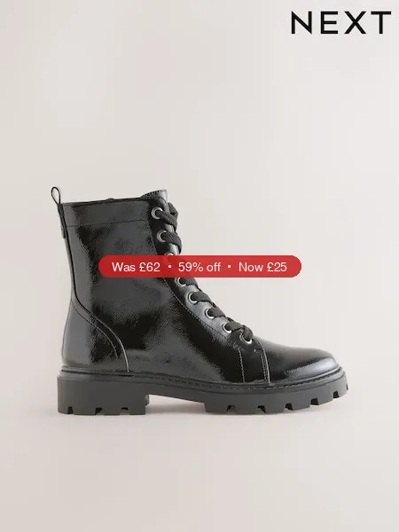 Next Black Patent Extra Wide Fit Forever Comfort® Lace-Up Boots - 59% Off