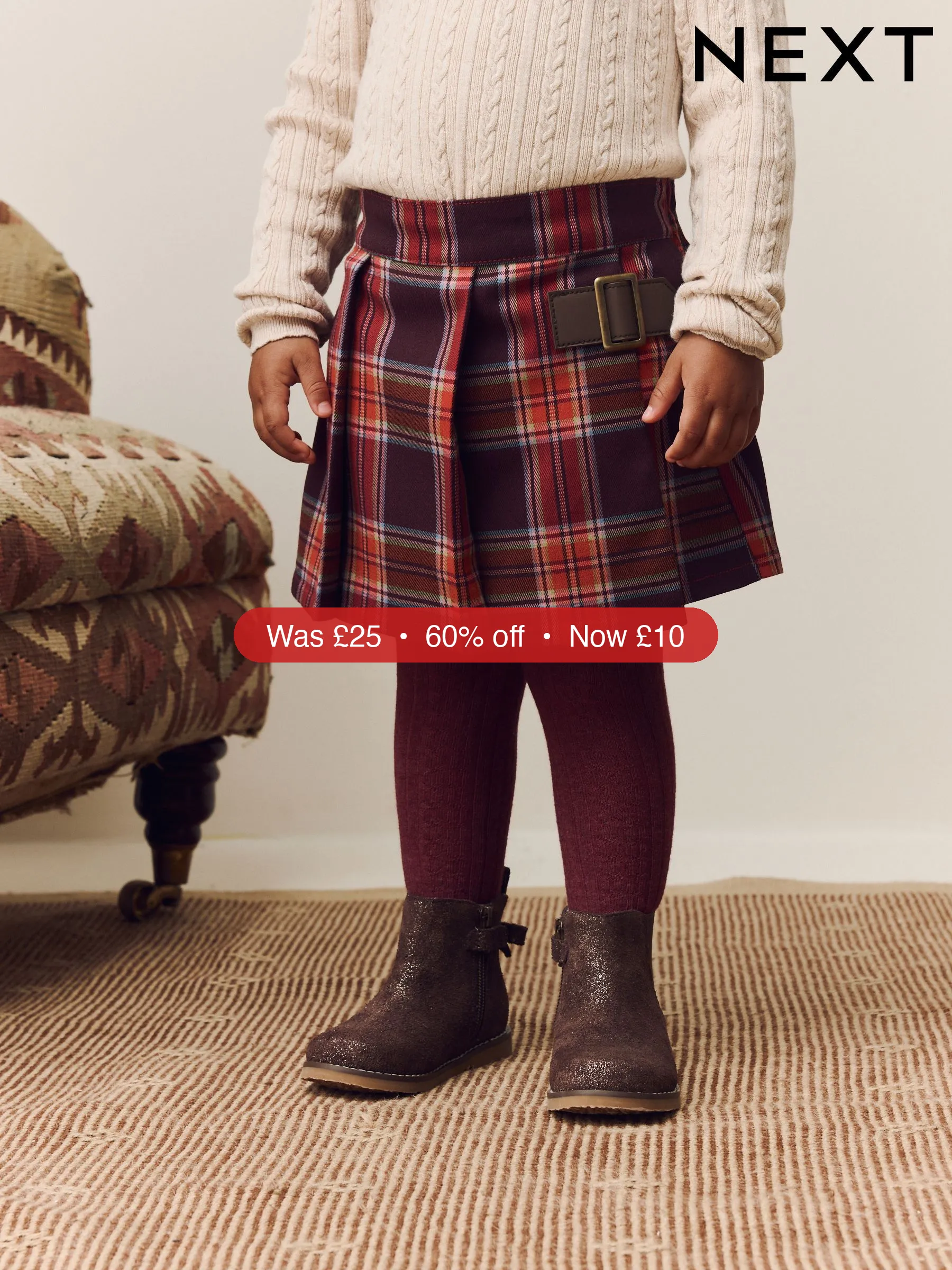 Next Burgundy Red Check Skort and Tights Set (3mths-7yrs) - 60% Off