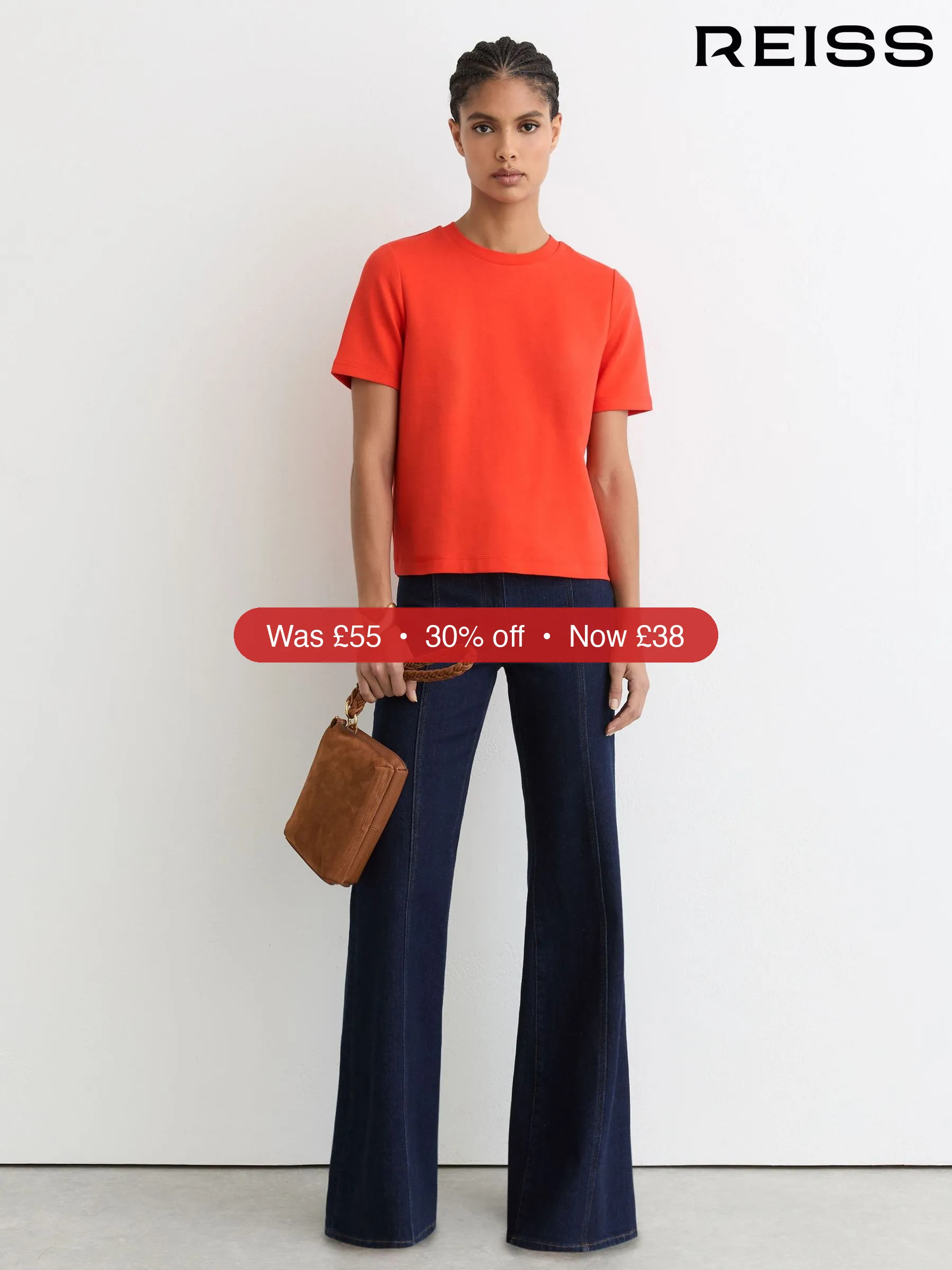 Next Reiss Coral Red Josie Stretch-Cotton Ribbed-Neck T-Shirt - 30% Off